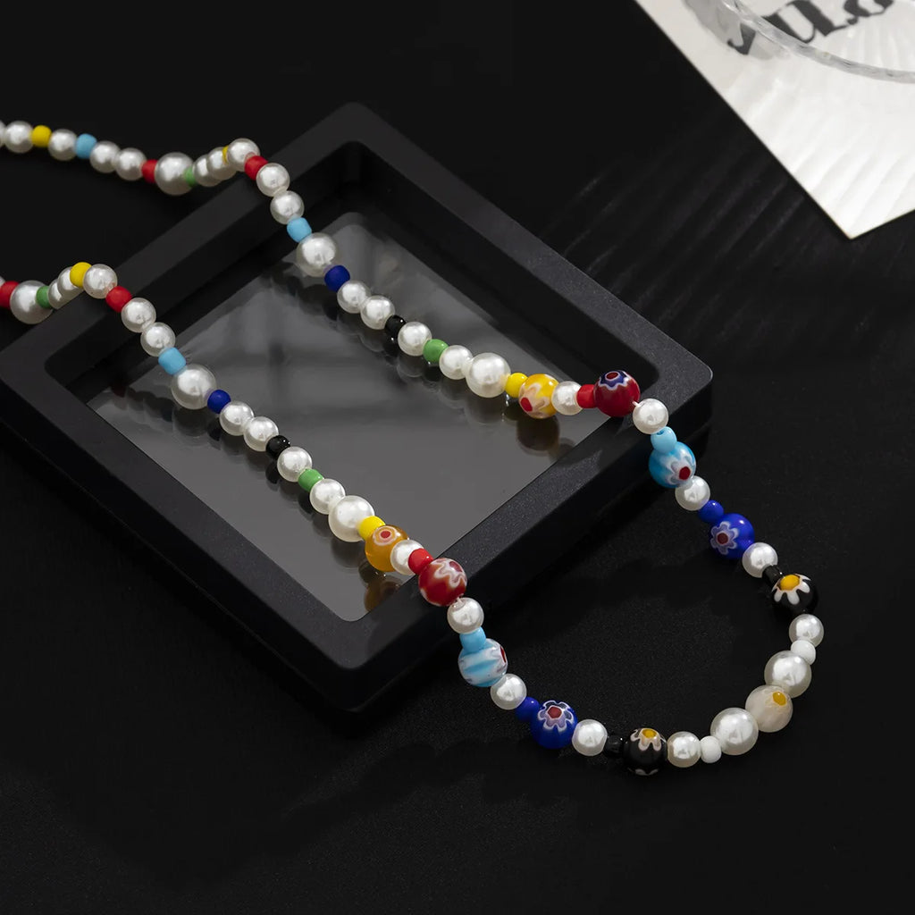 Men's Glass Flower Beaded Choker Necklace — Hip-Hop Gothic Punk Layered Pendant Chain