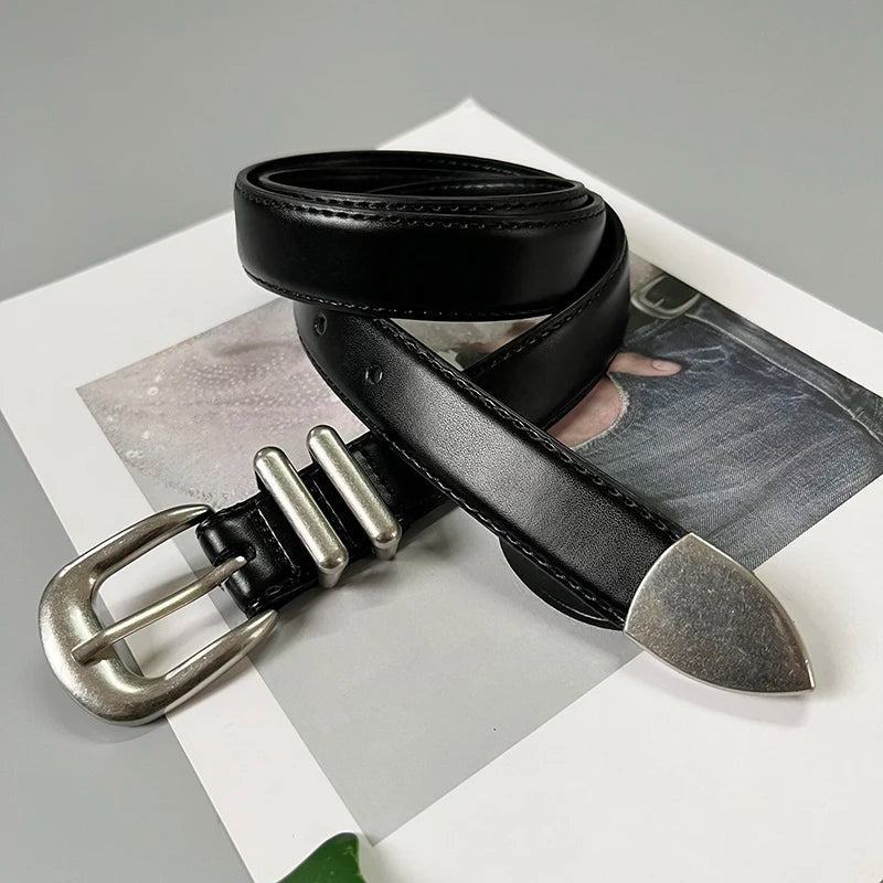 Women's Real Leather Jeans Belt — Metal Buckle Casual Waistband (104 cm)