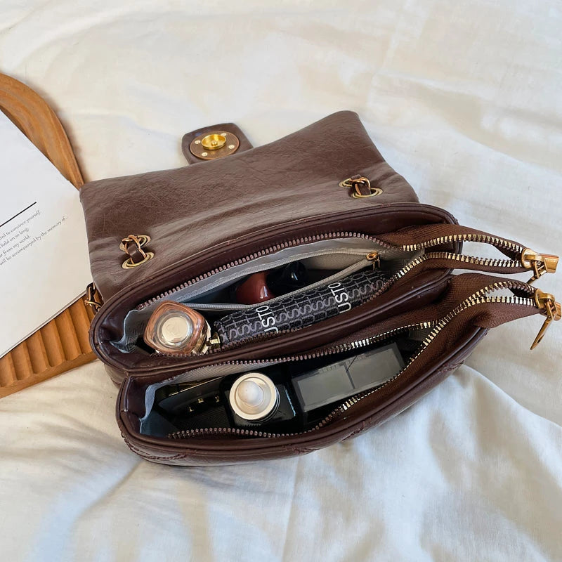 Women's Luxury Lingge Pattern PU Leather Crossbody Bag — Designer Underarm Shoulder Handbag
