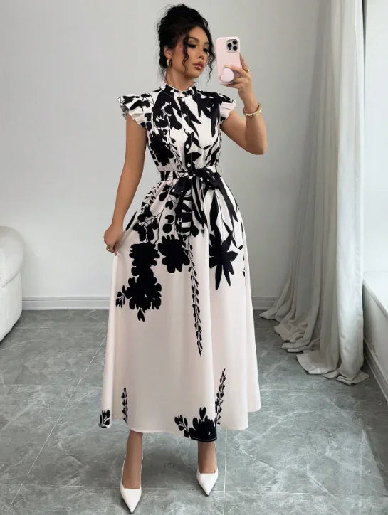 Women's Elegant Black & White Patchwork Sash Dress