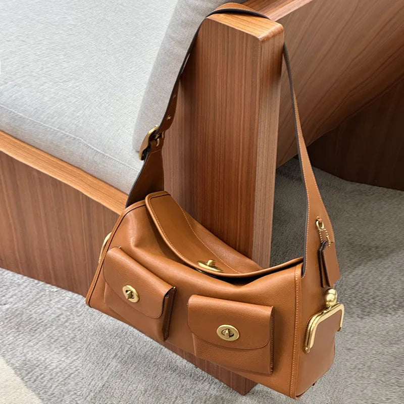 Women's Vintage PU Leather Shoulder Bag — Large Capacity Multi-Pocket Zipper Commuting Bag