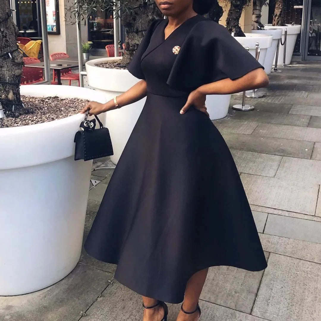 Women's V-Neck Flare Sleeve High Waist Pleated A-Line Dress