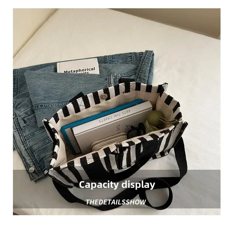 Women's Large Capacity Striped Canvas Shoulder Bag — Versatile Commuter & Travel Tote