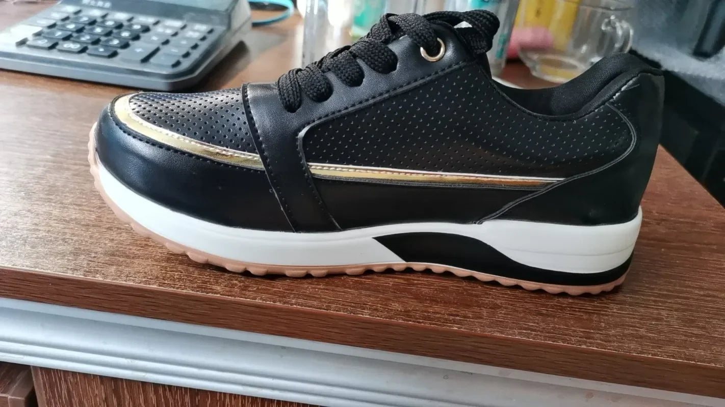 Women's Lace-Up Height-Increasing Sneakers — Mixed Colour Mid Heel Casual Shoes