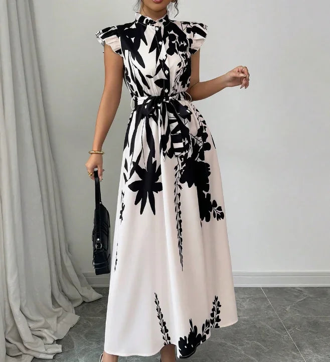 Women's Elegant Black & White Patchwork Sash Dress