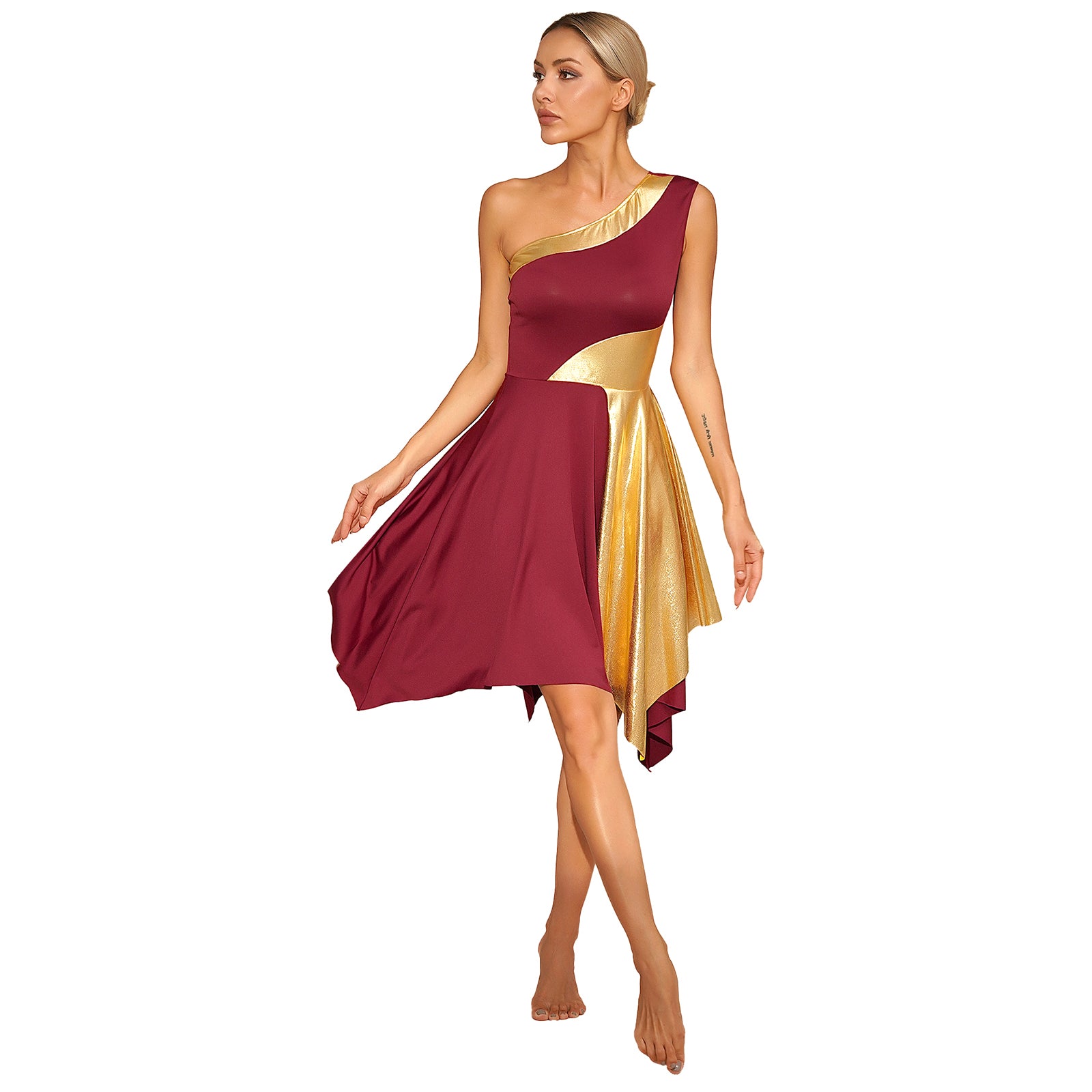Women's Polyester-Spandex One-Shoulder Metallic Lyrical Dance Worship Dress