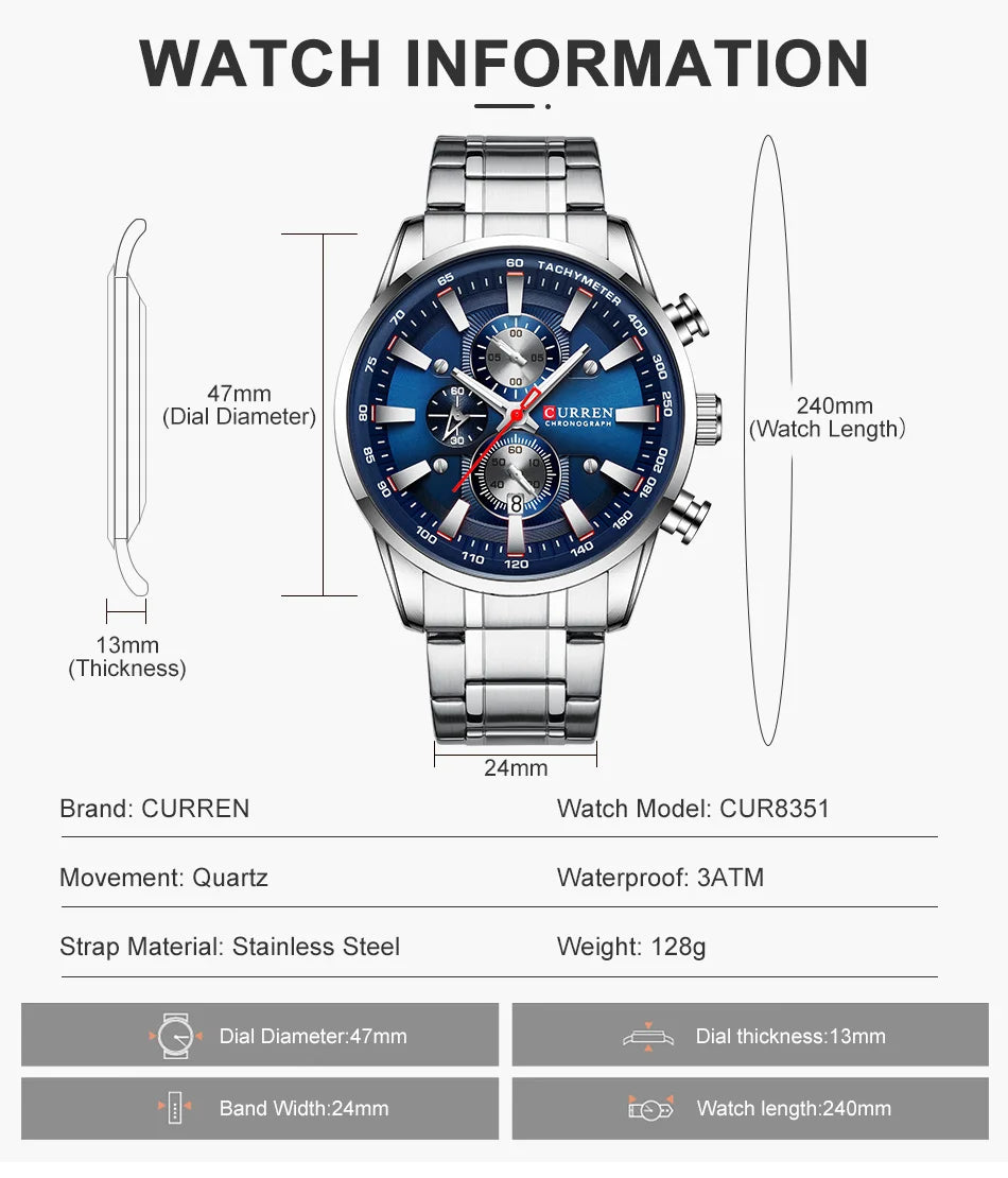 CURREN Men's Sport Chronograph Quartz Watch — Waterproof Stainless Steel