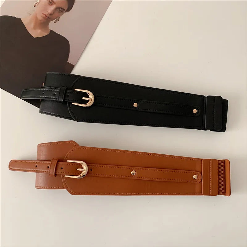 Women's Adjustable Corset Waist Belt — Wide PU Leather Cummerbund Waistband