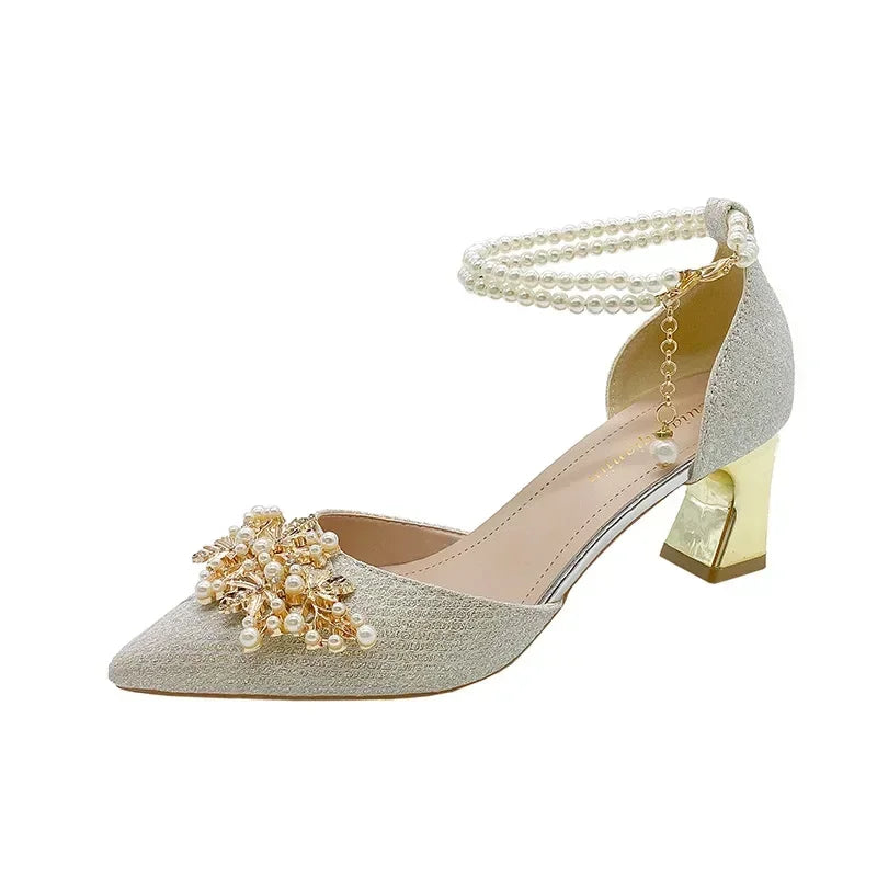 Women's Pointed Toe Metal Beaded High Heel Wedding Banquet Pumps