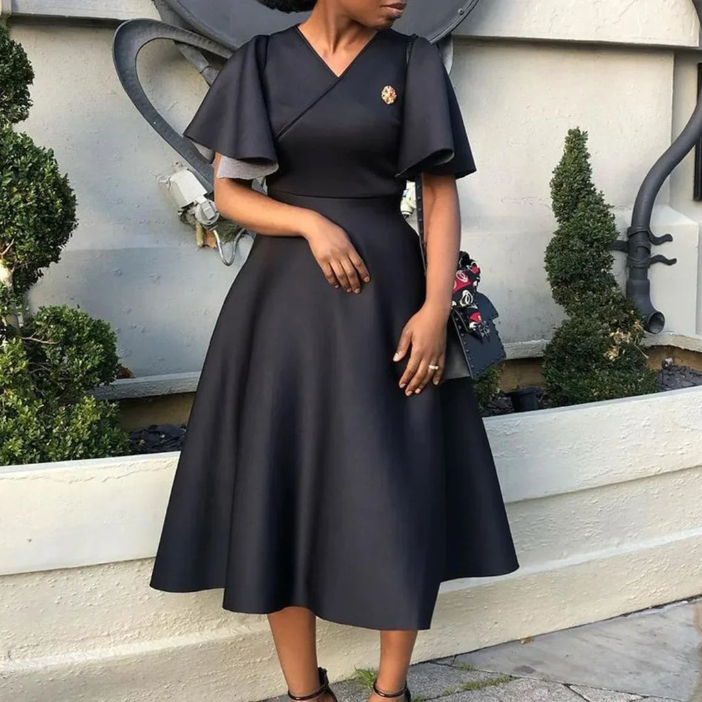 Women's V-Neck Flare Sleeve High Waist Pleated A-Line Dress