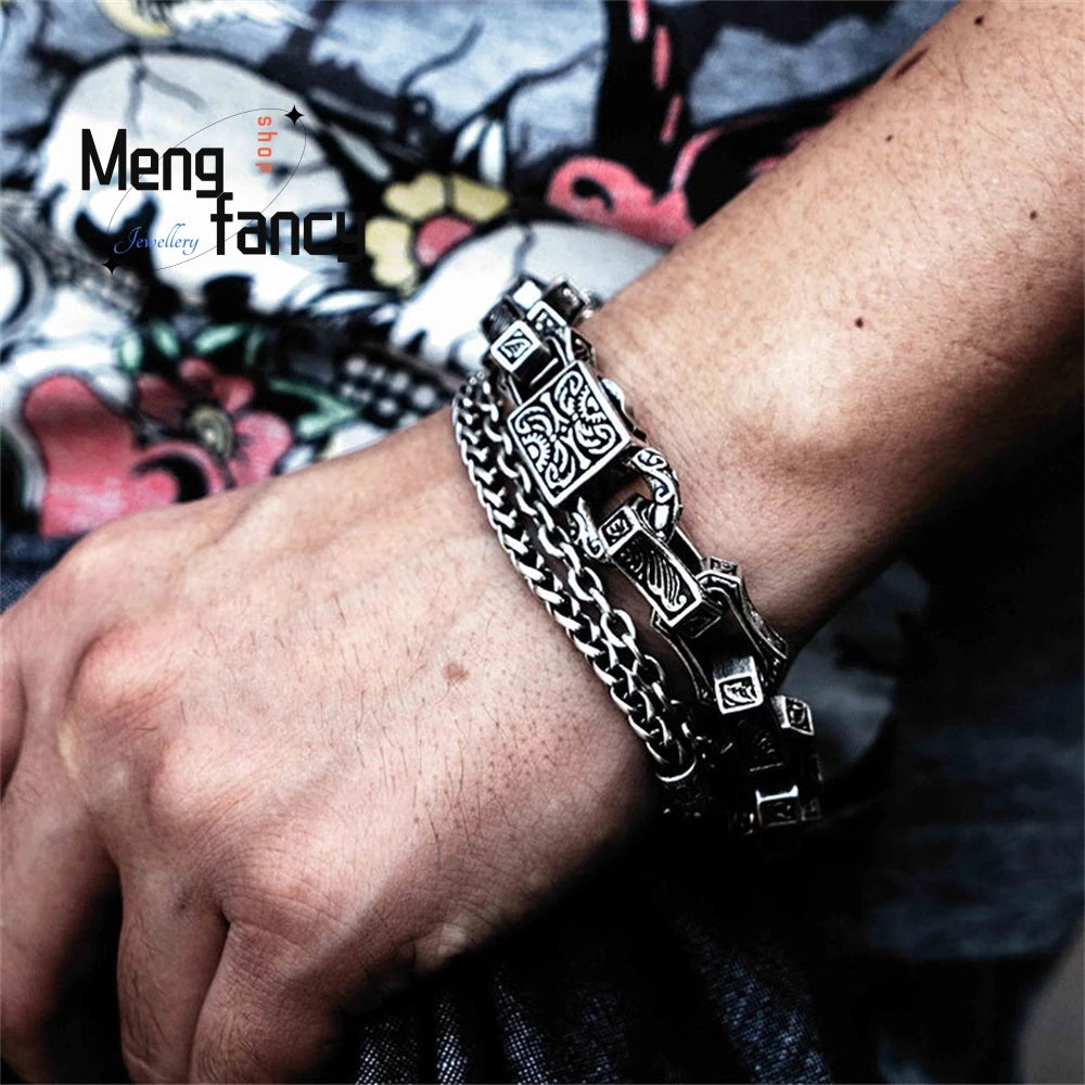 Men's Retro Hip-Hop Handcrafted Bracelet — 925 Sterling Silver Punk Fashion Jewellery