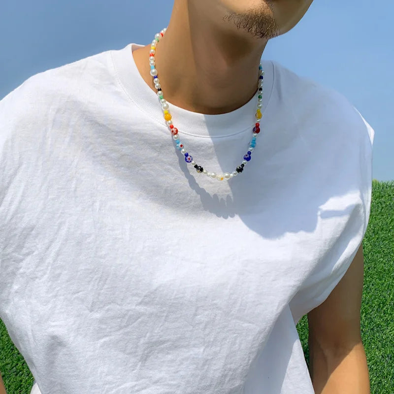 Men's Glass Flower Beaded Choker Necklace — Hip-Hop Gothic Punk Layered Pendant Chain