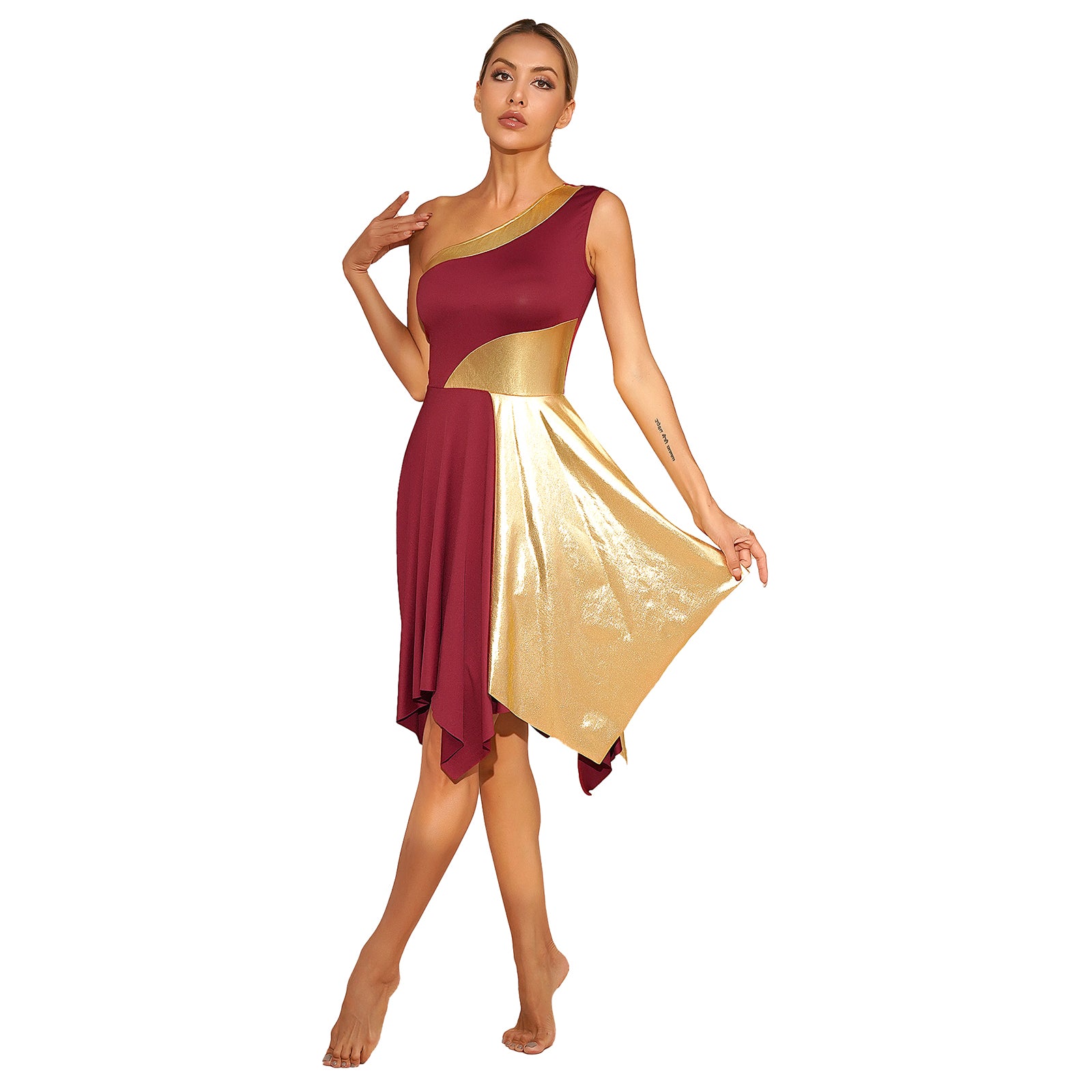 Women's Polyester-Spandex One-Shoulder Metallic Lyrical Dance Worship Dress