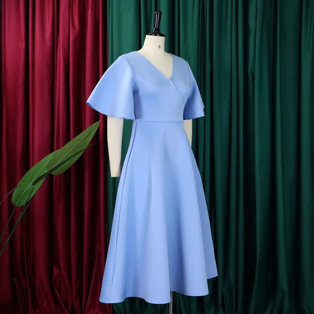 Women's V-Neck Flare Sleeve High Waist Pleated A-Line Dress