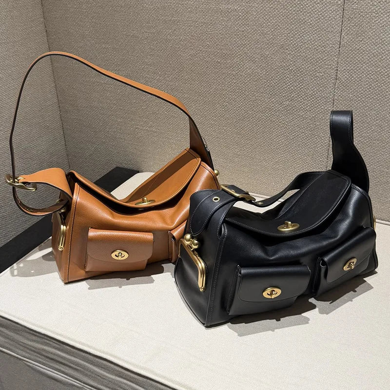Women's Vintage PU Leather Shoulder Bag — Large Capacity Multi-Pocket Zipper Commuting Bag