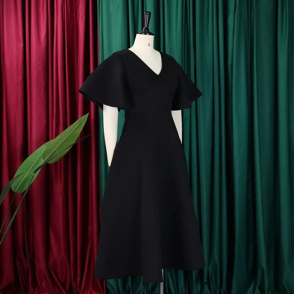 Women's V-Neck Flare Sleeve High Waist Pleated A-Line Dress