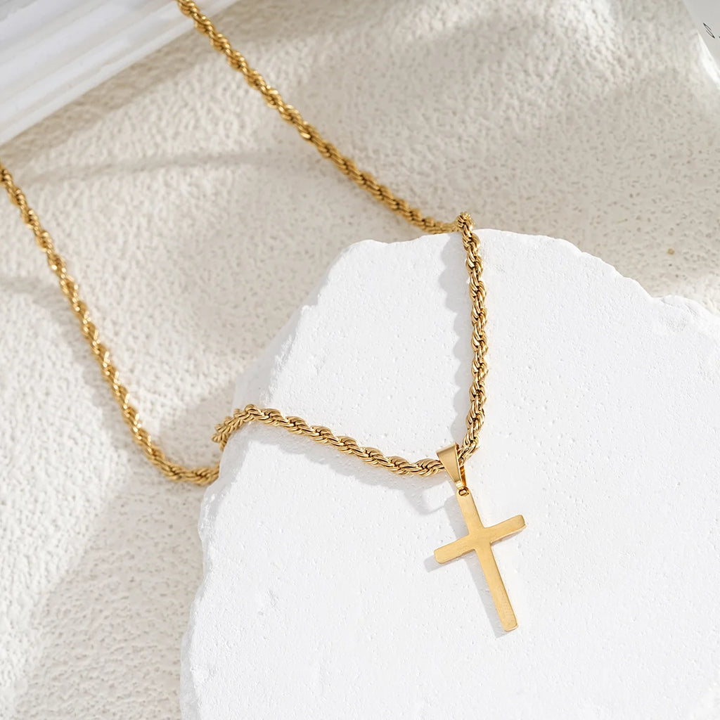 Men's Stainless Steel Cross Pendant Necklace — Minimalist Gold Colour Rope Chain Choker