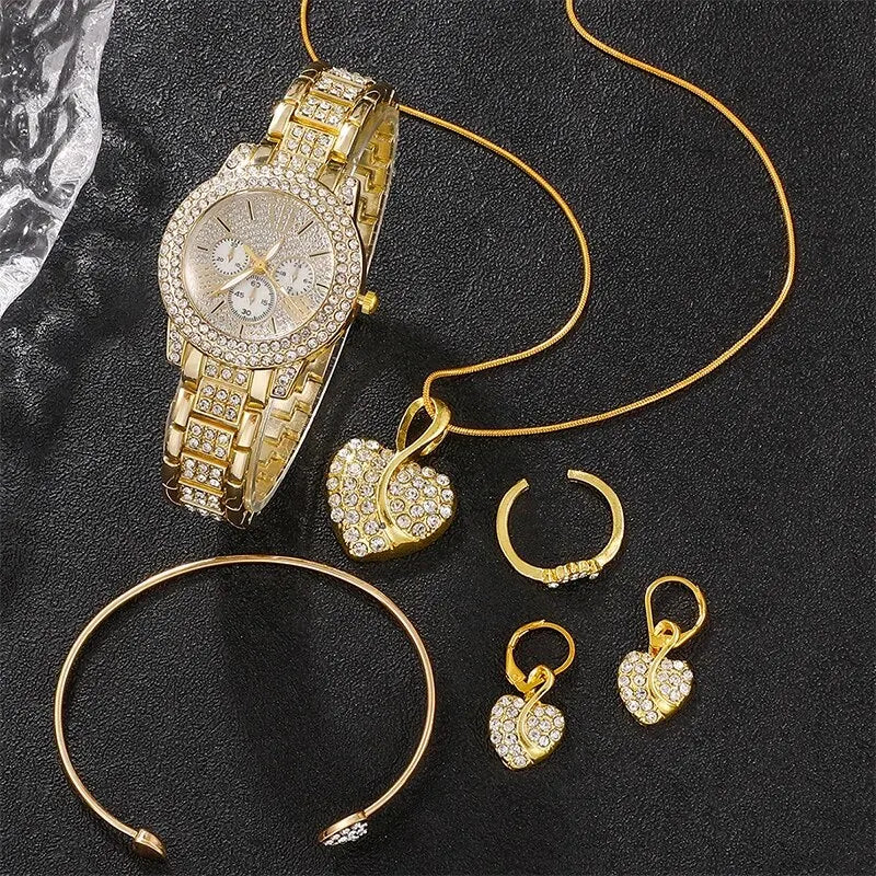 Women's Rhinestone Quartz Watch & Jewellery Set — Ring, Necklace & Earrings Luxury Gift
