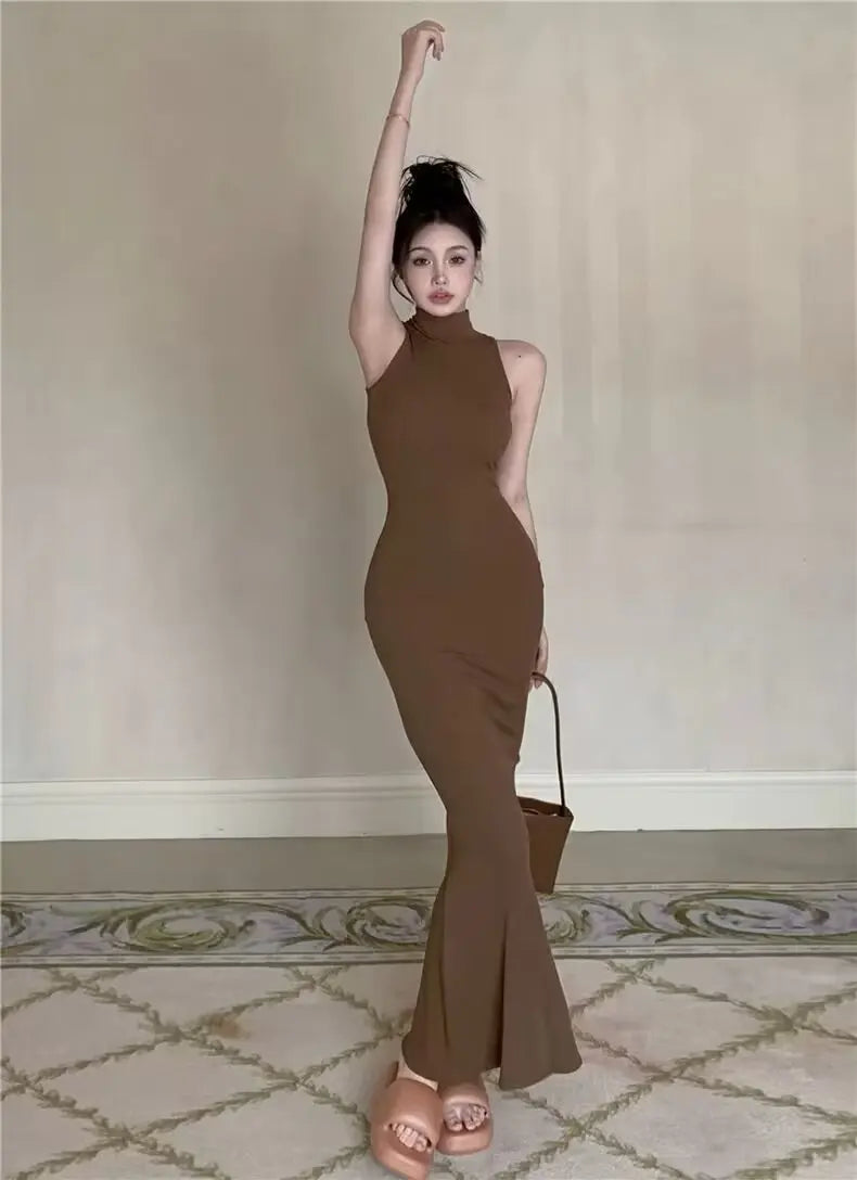 Women's Turtleneck Knit Bodycon Ankle-Length Maxi Dress