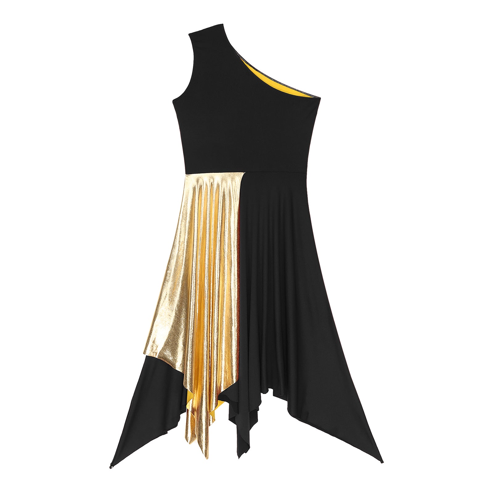 Women's Polyester-Spandex One-Shoulder Metallic Lyrical Dance Worship Dress