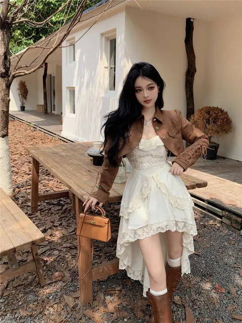 Women's Lace Ruffle Slash-Neck Sling Midi Dress
