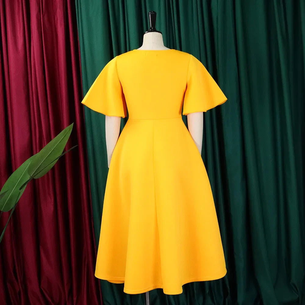 Women's V-Neck Flare Sleeve High Waist Pleated A-Line Dress