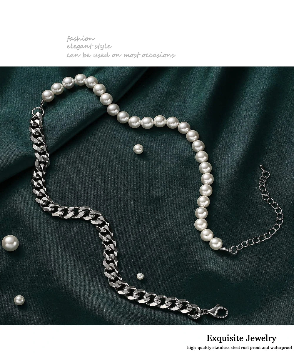 Men's Half Pearl Half Cuban Link Chain Necklace — Stainless Steel Silver Jewellery (43 cm)