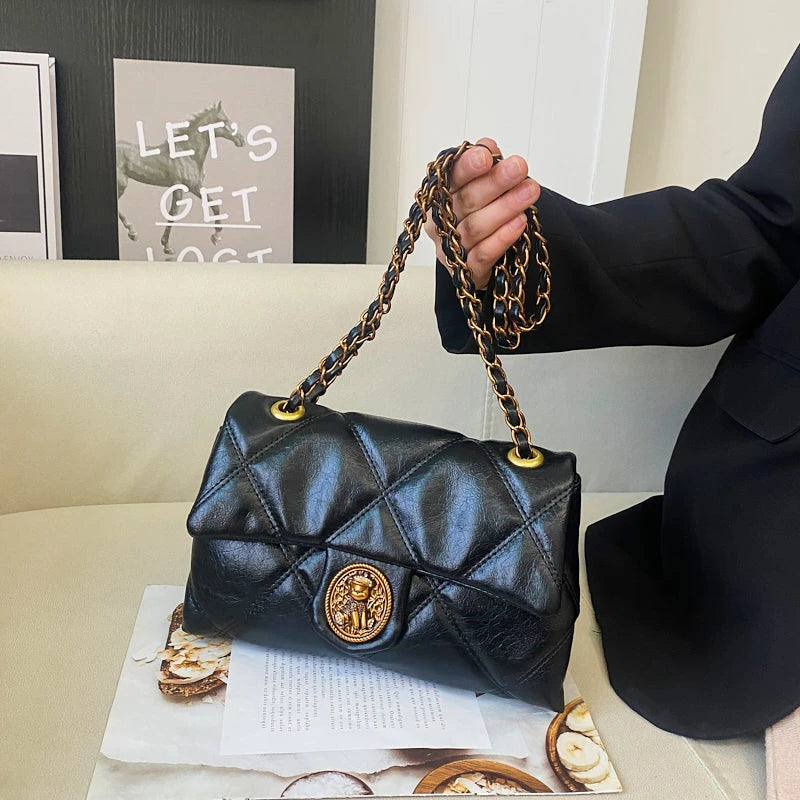 Women's Luxury Lingge Pattern PU Leather Crossbody Bag — Designer Underarm Shoulder Handbag
