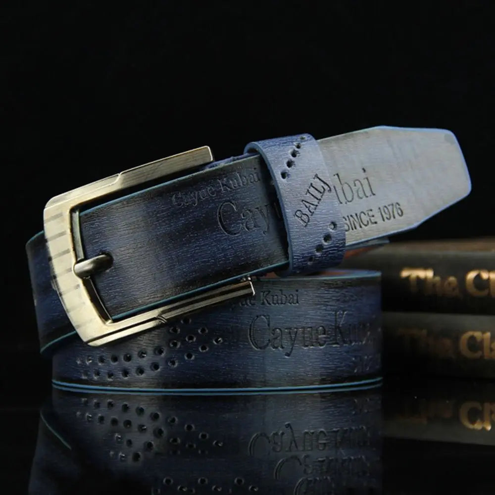 Men's Luxury Letter Print PU Leather Belt — Classic Buckle Cowboy Vintage Waistband (110 cm)