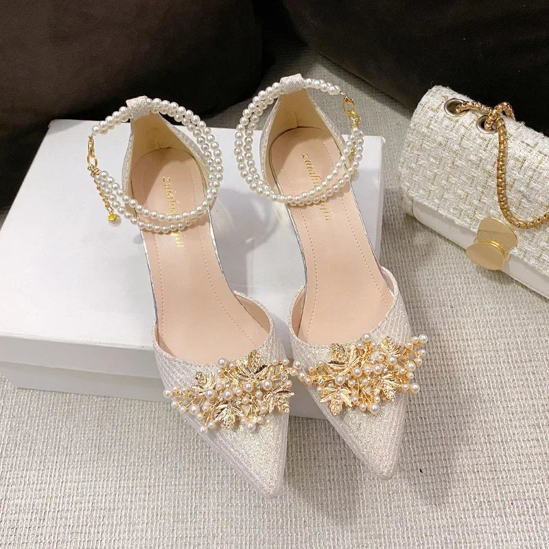 Women's Pointed Toe Metal Beaded High Heel Wedding Banquet Pumps