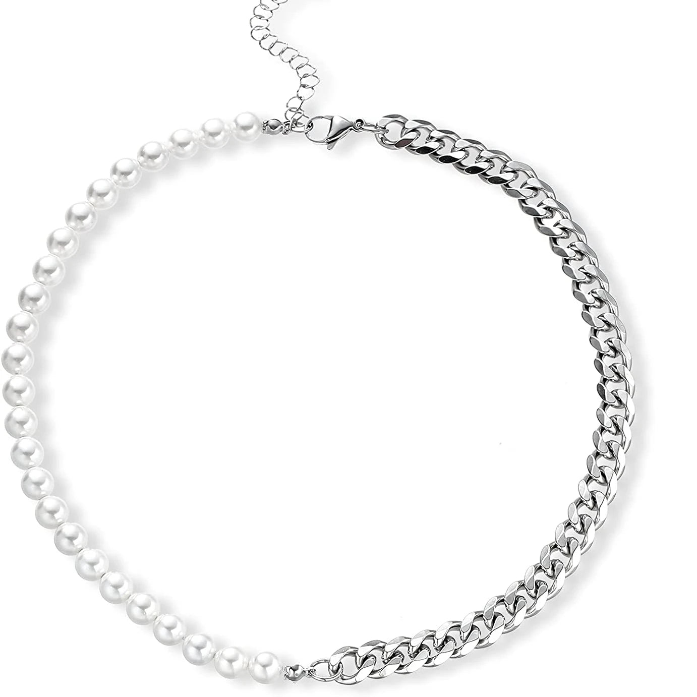 Men's Half Pearl Half Cuban Link Chain Necklace — Stainless Steel Silver Jewellery (43 cm)