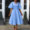Women's V-Neck Flare Sleeve High Waist Pleated A-Line Dress