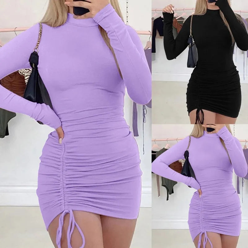 Women's Polyester-Spandex Drawstring O-Neck Bodycon Dress