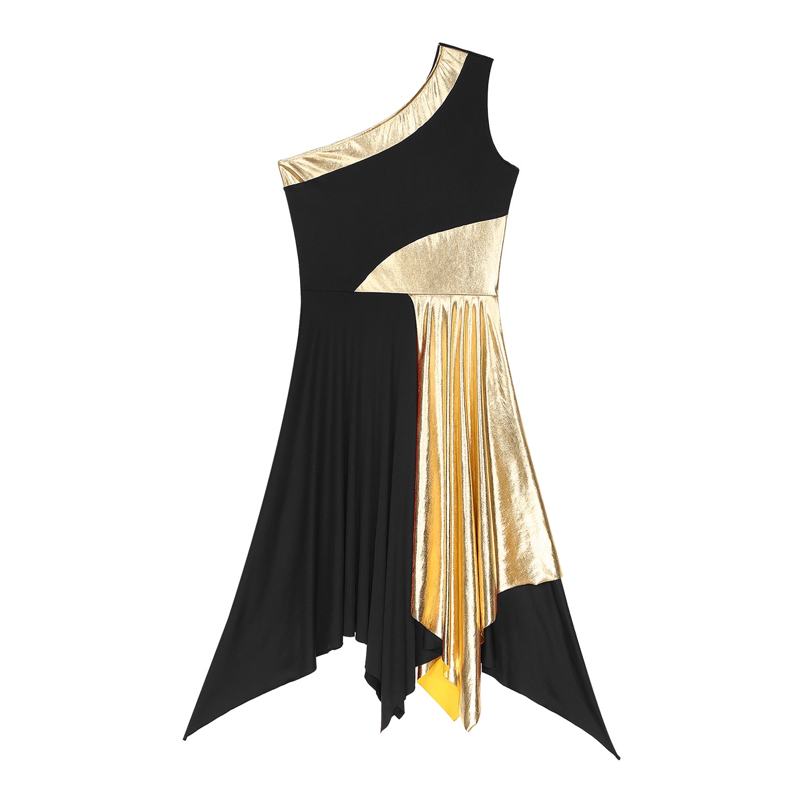 Women's Polyester-Spandex One-Shoulder Metallic Lyrical Dance Worship Dress