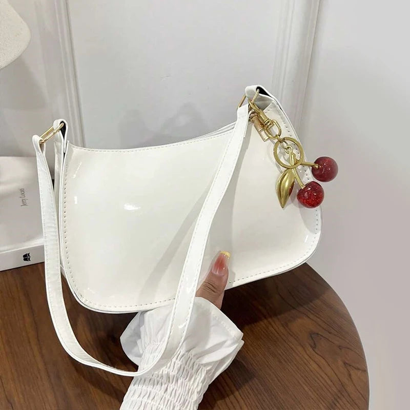 Women's PU Leather Shoulder Bag — Solid Colour Cherry Pendant Casual Underarm Bag