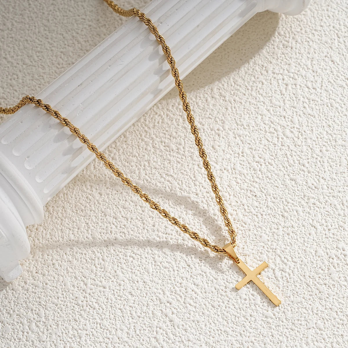 Men's Stainless Steel Cross Pendant Necklace — Minimalist Gold Colour Rope Chain Choker