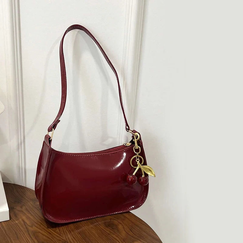 Women's PU Leather Shoulder Bag — Solid Colour Cherry Pendant Casual Underarm Bag