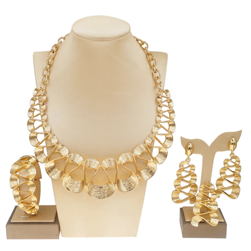 Women's Gold Plated Wavy Pendant Necklace & Earrings Set — Delicate Wedding & Holiday Jewellery