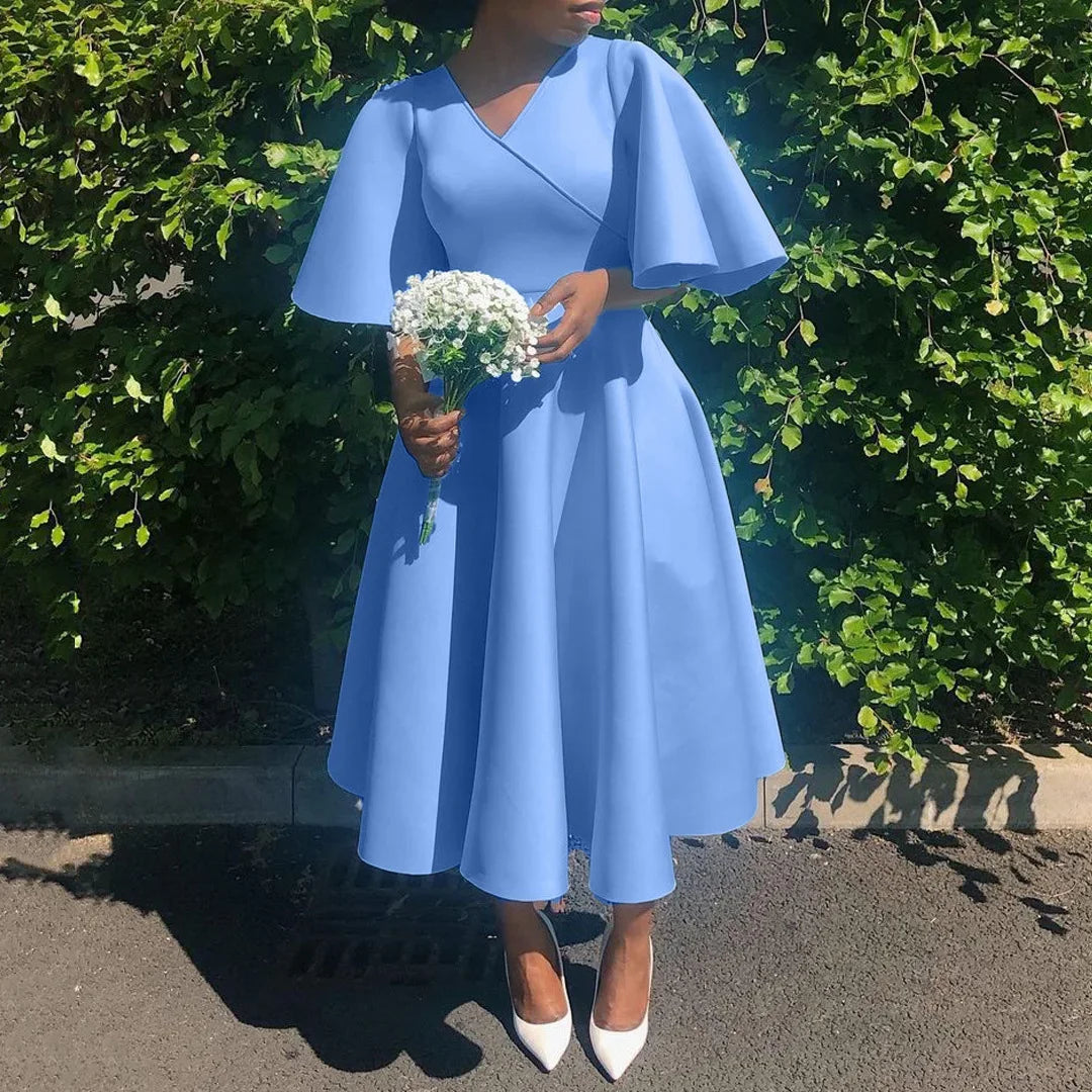 Women's V-Neck Flare Sleeve High Waist Pleated A-Line Dress