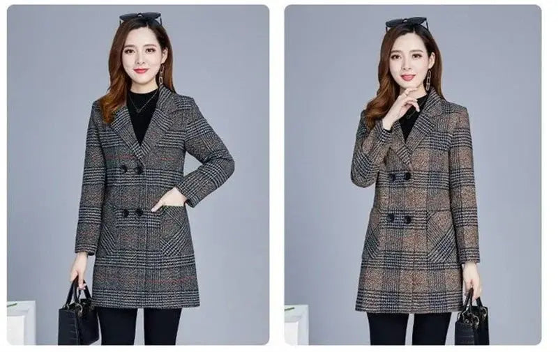 TrenLux Wear Women's Plaid Woolen Overcoat — Elegant Double-Breasted Autumn Winter Coat TrenLux Wear