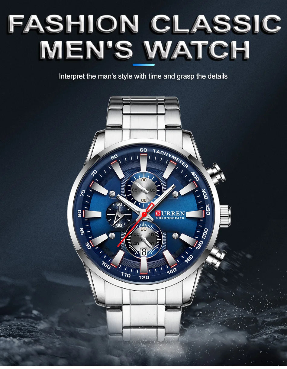 CURREN Men's Sport Chronograph Quartz Watch — Waterproof Stainless Steel