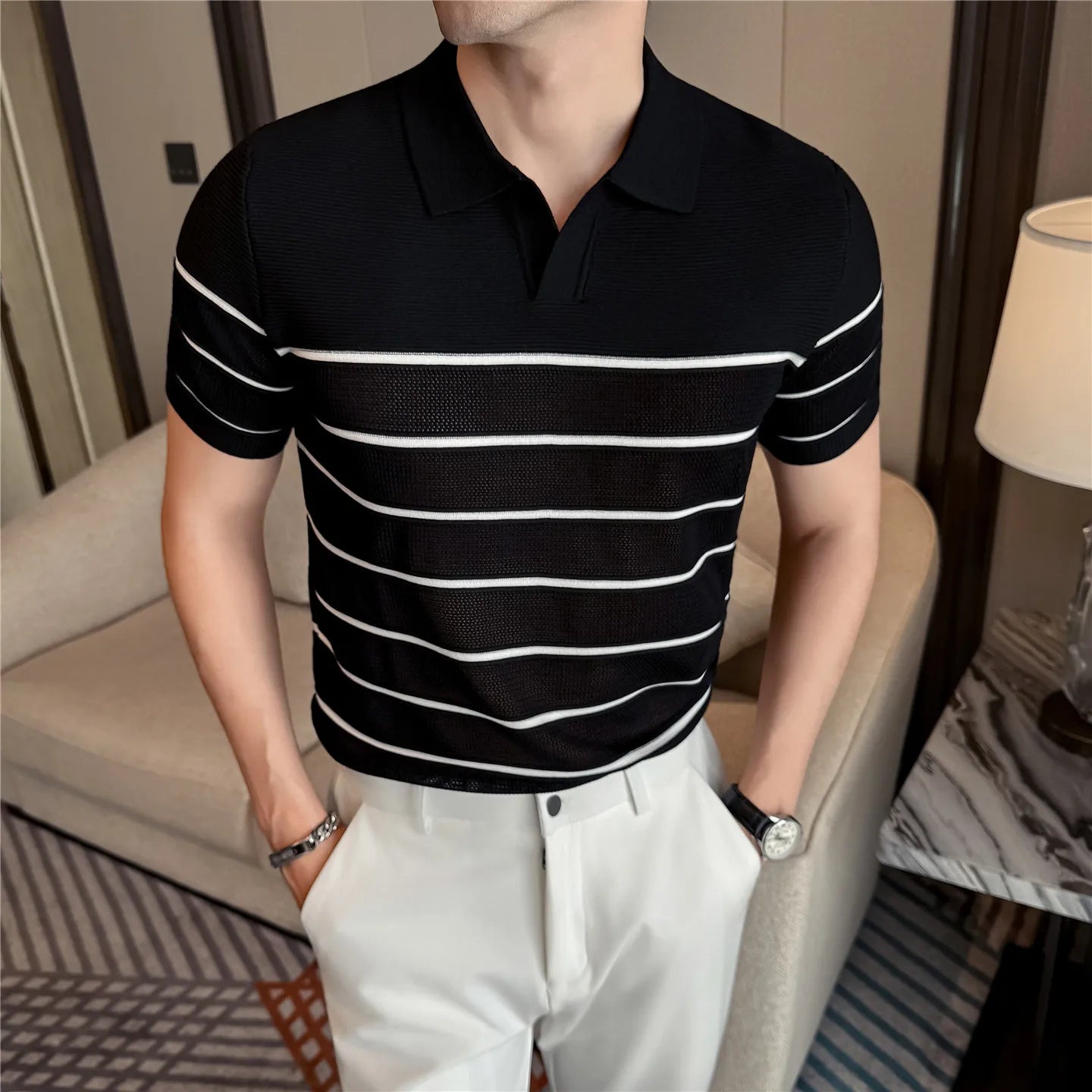 Men's Slim-Fit Knitted Striped T-Shirt — Smart Casual Turn-Down Collar