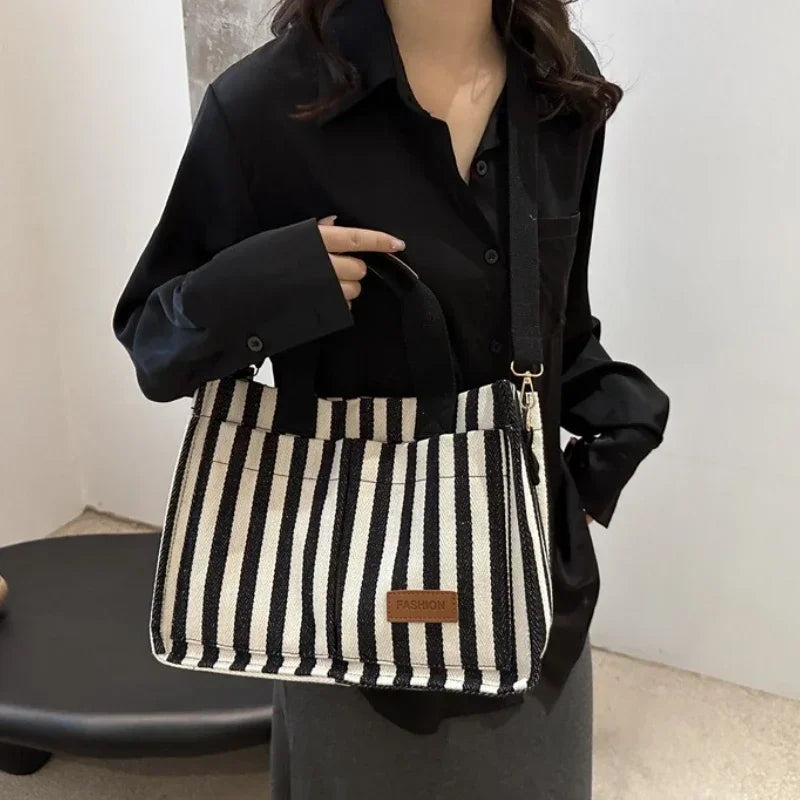 Women's Large Capacity Striped Canvas Shoulder Bag — Versatile Commuter & Travel Tote