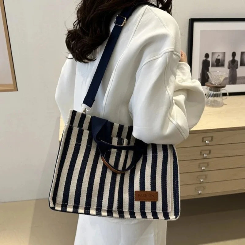 Women's Large Capacity Striped Canvas Shoulder Bag — Versatile Commuter & Travel Tote