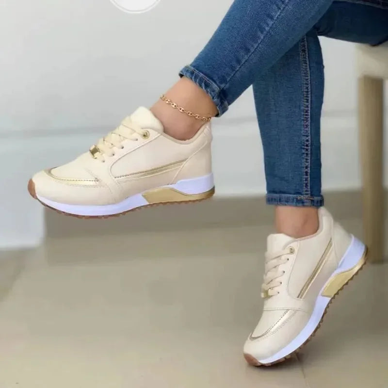 Women's Lace-Up Height-Increasing Sneakers — Mixed Colour Mid Heel Casual Shoes