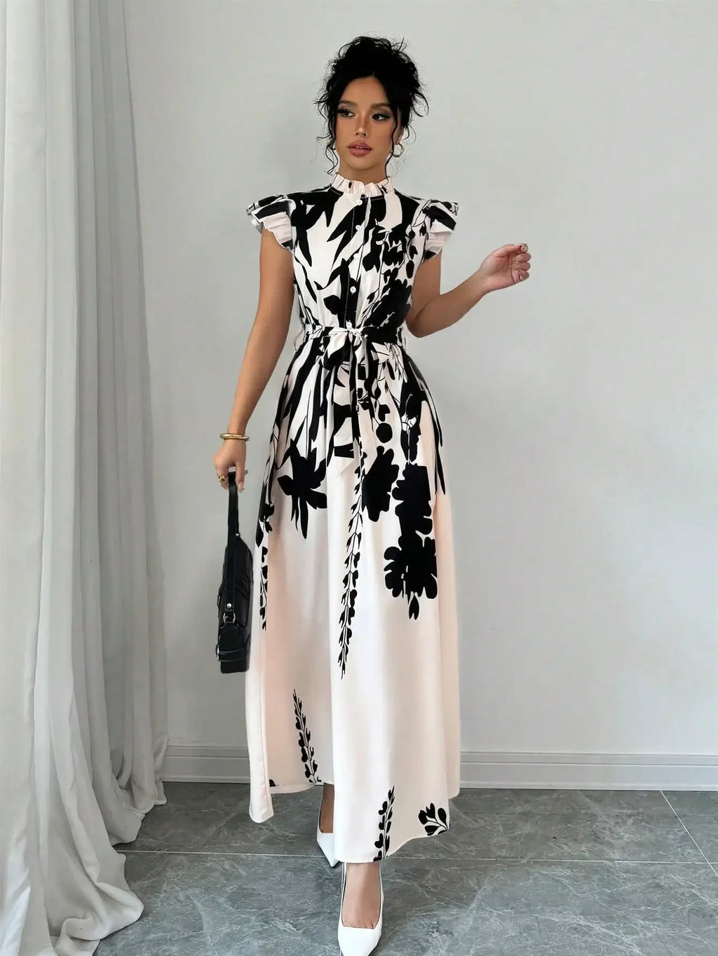 Women's Elegant Black & White Patchwork Sash Dress