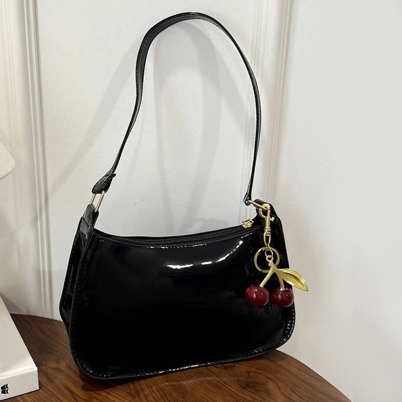 Women's PU Leather Shoulder Bag — Solid Colour Cherry Pendant Casual Underarm Bag