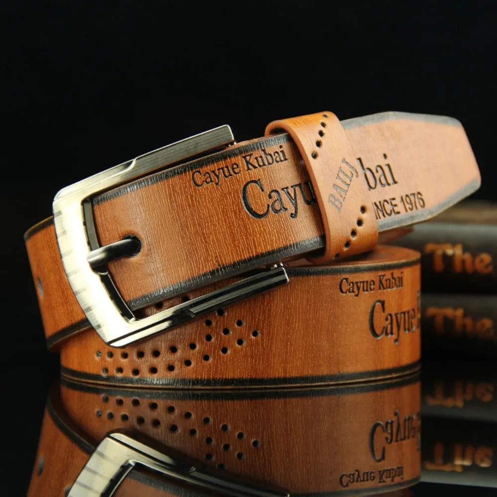 Men's Luxury Letter Print PU Leather Belt — Classic Buckle Cowboy Vintage Waistband (110 cm)