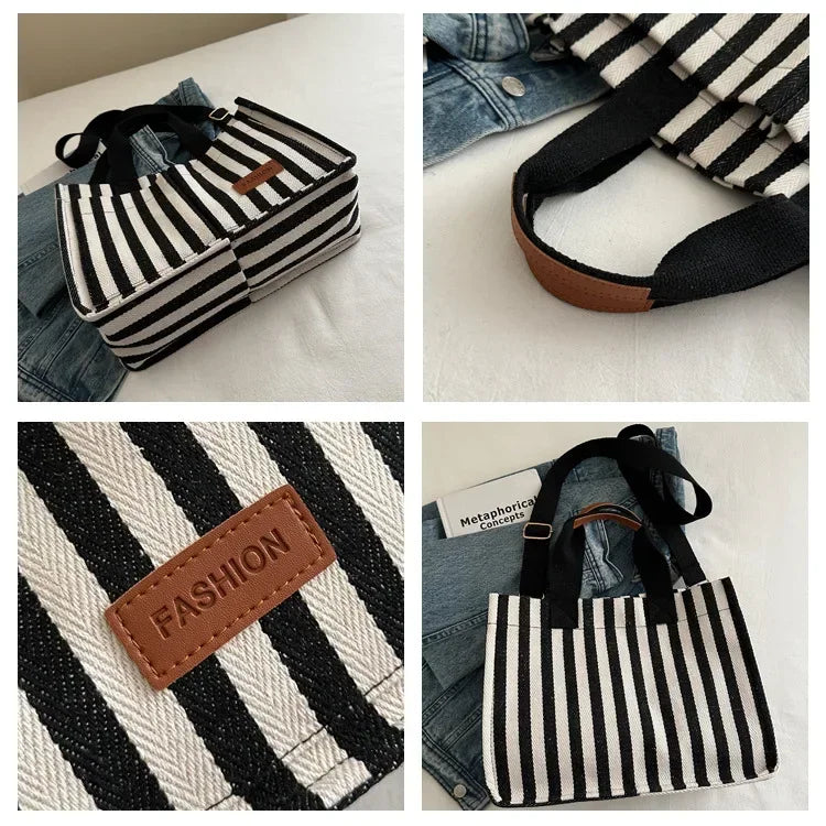 Women's Large Capacity Striped Canvas Shoulder Bag — Versatile Commuter & Travel Tote
