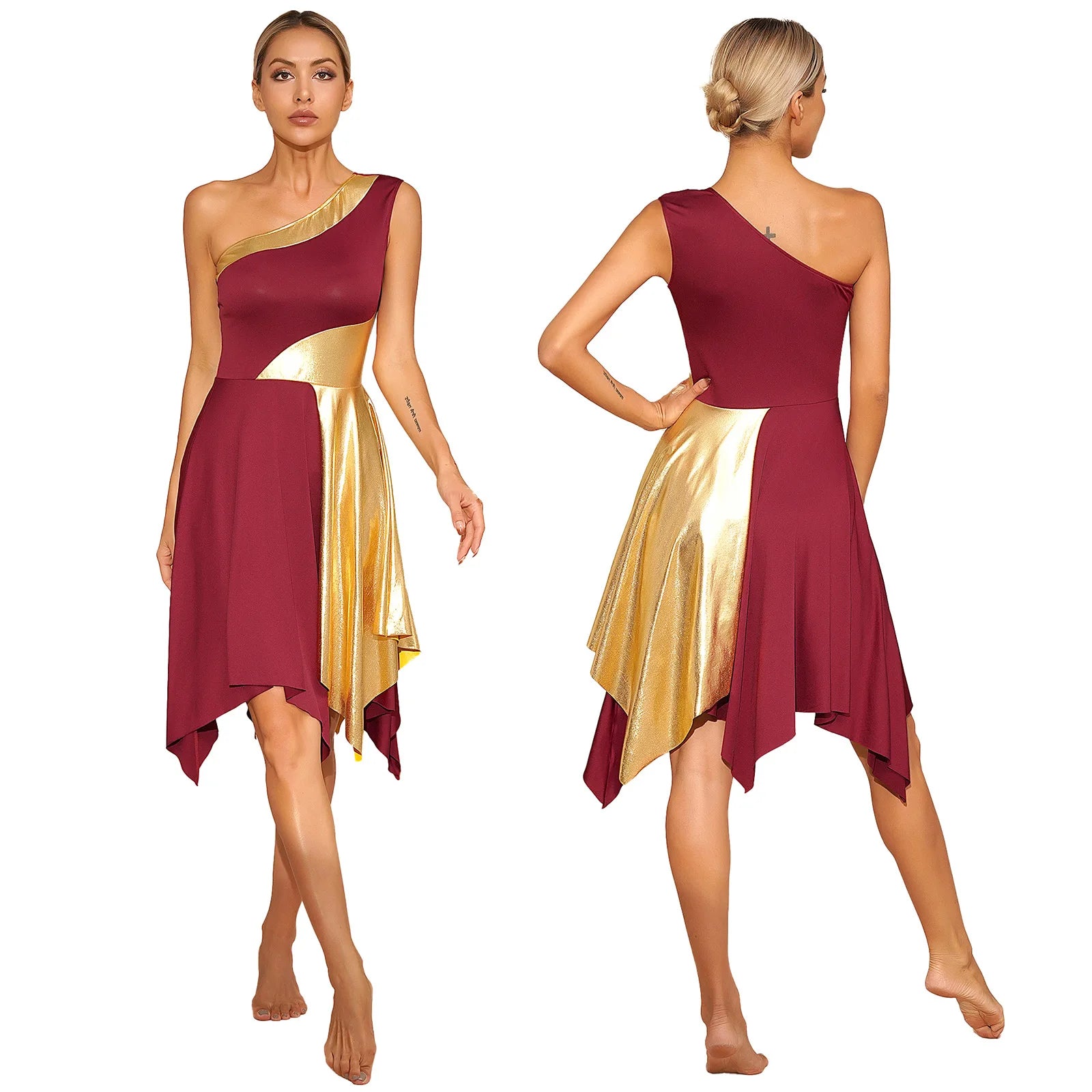 Women's Polyester-Spandex One-Shoulder Metallic Lyrical Dance Worship Dress